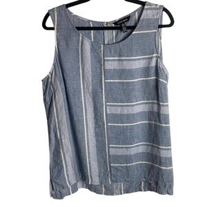 Ellen Tracy Size Xl Pure Linen Tank Top Blue With White Stripes Costal Nautical